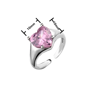 Detailed view of 10mm pink heart-shaped cubic zirconia on an adjustable silver ring band