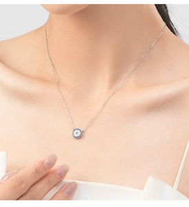 Close-up of S925 sterling silver blue evil eye pendant necklace worn by a model