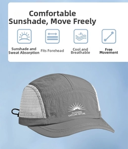 Detail of grey quick-dry five-panel cap with breathable side mesh and adjustable cord