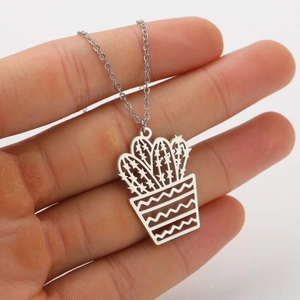 Minimalist silver stainless steel necklace featuring a hollow cactus pendant on a white background
