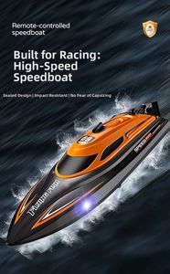 Dynamic aerial view of orange HJ812 high-speed RC boat racing through splashing blue water