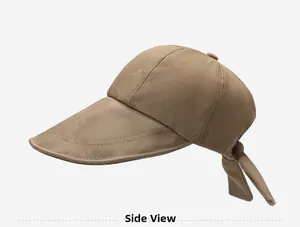 Side view of sun hat showing long brim and stylish bow tie back detail in khaki