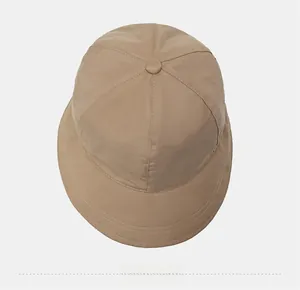 Top view of a khaki wide brim sun hat with premium stitching and panelled crown