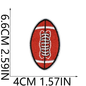 Detailed view of red football embroidery patch with precise size labels and texture