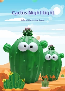 Cute cactus LED night lights for kids featuring green cartoon design in two sizes