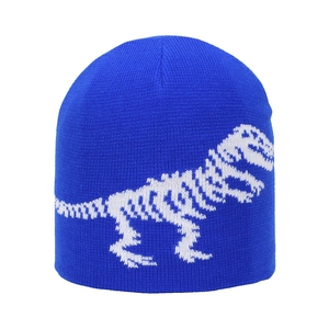Detailed close-up of blue knitted beanie featuring a white dinosaur skeleton pattern