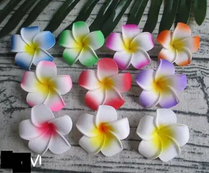 Detailed view of colorful 9cm EVA foam Frangipani plumeria flower heads in 10-piece set