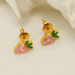 Golden fruit-shaped stud earrings with pink heart zircon and green gemstone leaves