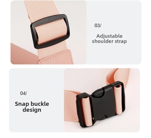 Adjustable pink shoulder strap detail with plastic buckle and snap connector for waist bag