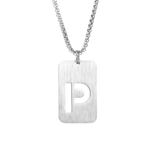 Detail of silver-tone hollow capital letter P rectangular pendant on a link chain