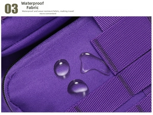 Close-up of waterproof high-density fabric with water droplets on purple tactical backpack