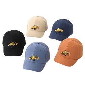 Five kids cotton baseball caps with excavator embroidery in assorted bright colors