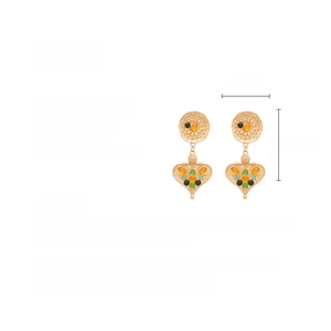 Detail showing dimensions of bohemian heart earrings with resin inlay and gold alloy