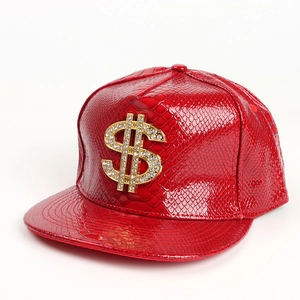 Red crocodile pattern hip-hop hat with a golden rhinestone dollar sign on white background