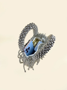 Silver beaded bucket bag with fringe and interior view showing phone and cosmetics