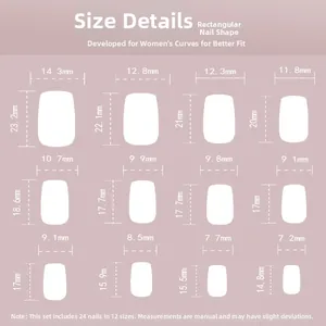 Size chart showing width and height for 24pcs blue and white French press-on nails