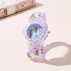 Detailed view of purple silicone watch strap featuring 3D rainbow unicorn and soft texture