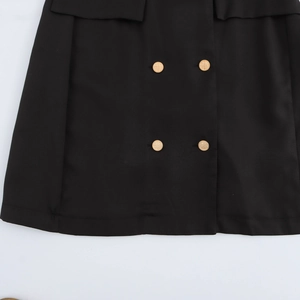 Elegant black double-breasted suit dress with decorative gold buttons and a cinched waist
