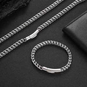 Men's 6mm stainless steel spring buckle necklace and bracelet set in polished silver finish