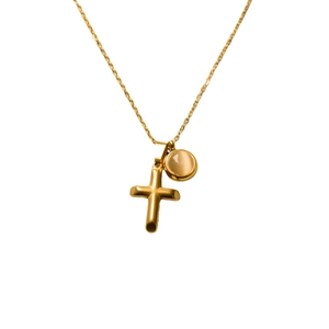 Golden stainless steel cross necklace with a round cat eye stone pendant on white background