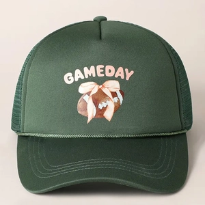 Dark green GAMEDAY trucker hat with pink football graphic and breathable mesh back