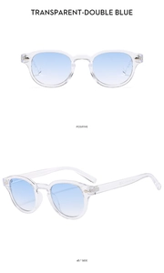 Detail view of transparent retro round sunglasses with double blue gradient lenses
