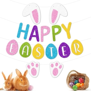 Glittery Happy Easter banner with colorful letters and rabbit elements on white background