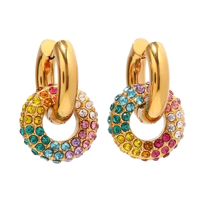 18k gold plated hoop earrings featuring colorful inlaid rhinestones in a sleek circular design