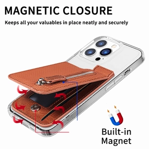 Detail of universal brown leather magnetic card holder wallet with secure zipper closure