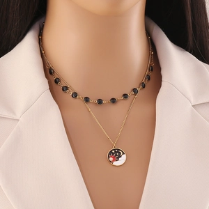 Layered Pendant Necklace Stainless Steel With Black Beaded Chain Heart Cactus Sun Moon Charms For Women