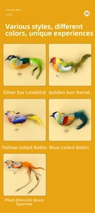 Detail view of five interactive plush bird cat toys with electronic sound pull tabs