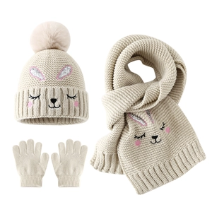 Winter knit set for girls featuring rabbit embroidery with hat, scarf and gloves
