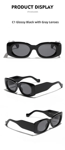 Detail of square black sunglasses showing wavy wide temples and gray lenses with dimensions