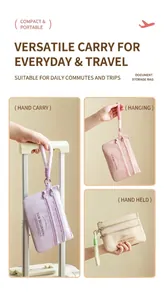 Detailed view of travel passport organizers in three colors with fuzzy handles and zippers