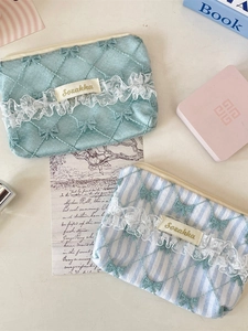 Lace floral mini pouch with velvet texture, bow embroidery and ruffles for small items