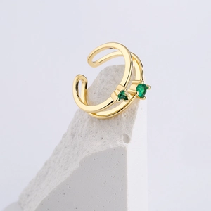 Gold plated double-layer open ring featuring two green geometric zircons on white stone