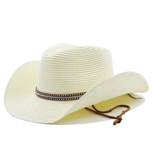 Straw cowboy sun hat with turquoise studs and adjustable chin strap for beach travel