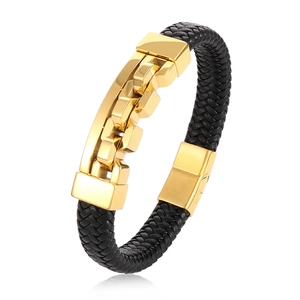 Men's hip hop braided leather bracelet with golden stainless steel buckle on white background