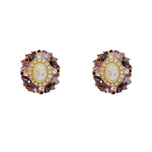 French vintage portrait earrings with gold-tone base and colorful rhinestones