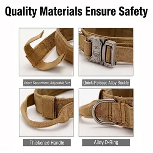 Tactical khaki nylon dog collar with alloy buckle, magic tape, and handle features