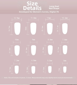 Detailed size chart for almond press-on nails showing 24 pieces in 12 specific dimensions