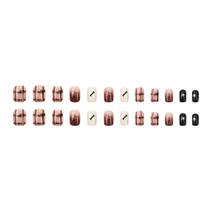 Brown plaid press-on nails featuring cute cartoon dogs and bow accents for autumn
