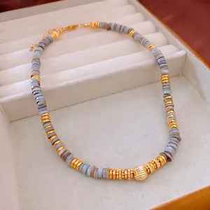Vintage Bohemian Beaded Necklace With Grey Shell Beads Gold Alloy Copper Gear Spacers And Ball Pendant For Women