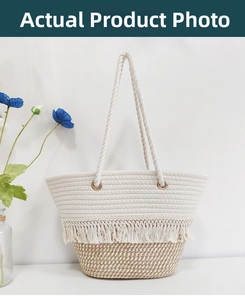 Close-up of woven cotton tote featuring contrast colors and handcrafted fringe detailing
