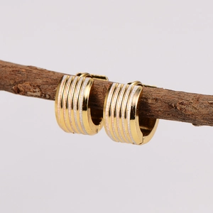 Detailed close-up of ribbed texture on two-tone stainless steel hoop earrings on a branch