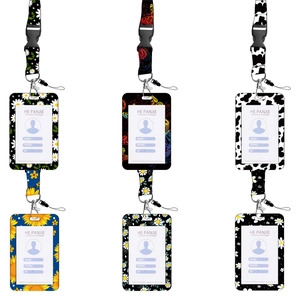 Lanyards and badge holders set with floral, butterfly, and leopard print patterns