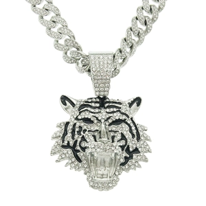 Detailed view of silver tiger head pendant with clear rhinestones and black enamel stripes