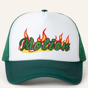 Green and white trucker hat featuring Motion embroidery and flame design on the front