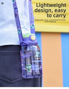 Adjustable shoulder strap detail on purple translucent cartoon kids water bottle