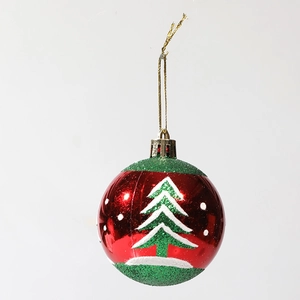 6cm red and green hand-painted Christmas tree ball ornament with white glitter pattern